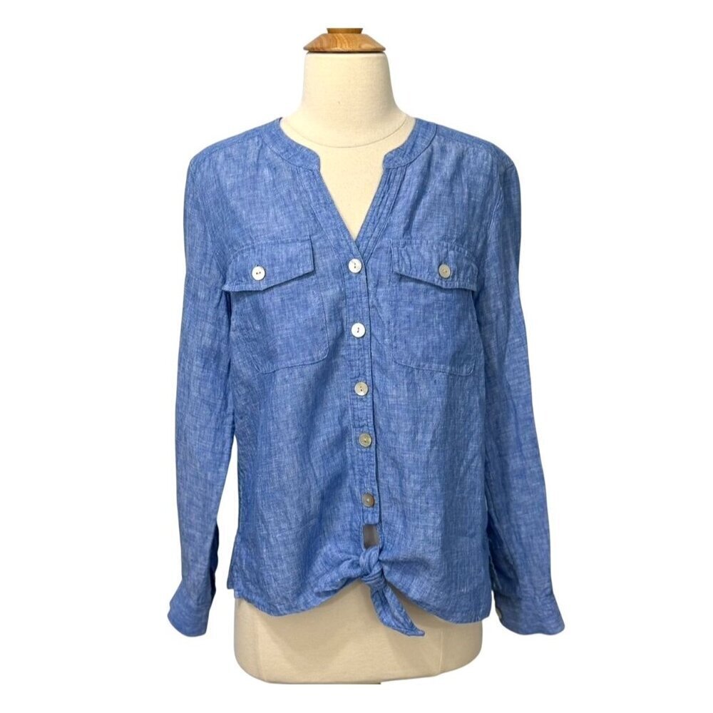 John Mark Linen V-Neck Blouse Long Roll Tab Sleeves Tie Waist Blue Resort Size S